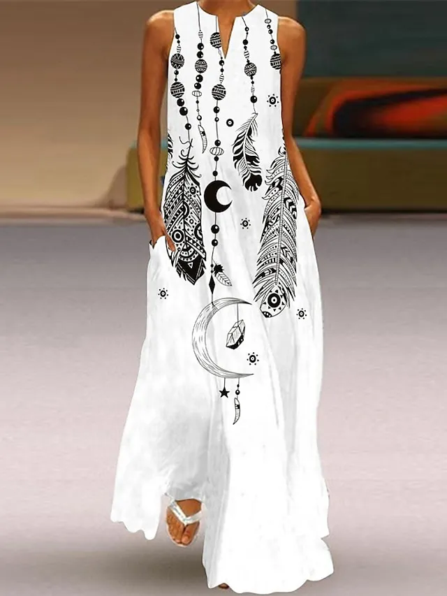 Women's Long Dress Maxi Dress Casual Dress Print Dress Outdoor Holiday Vacation  Print Sleeveless V Neck Dress Regular Fit White Red Blue Summer Spring S M L XL XXL（with no pocket)