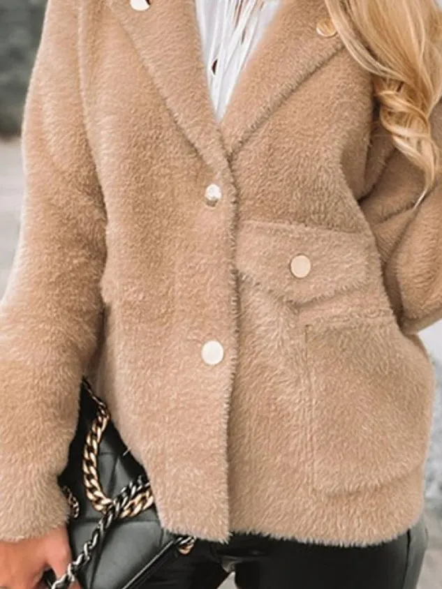 Casual Shawl Collar Plain Long Sleeve Teddy Jacket