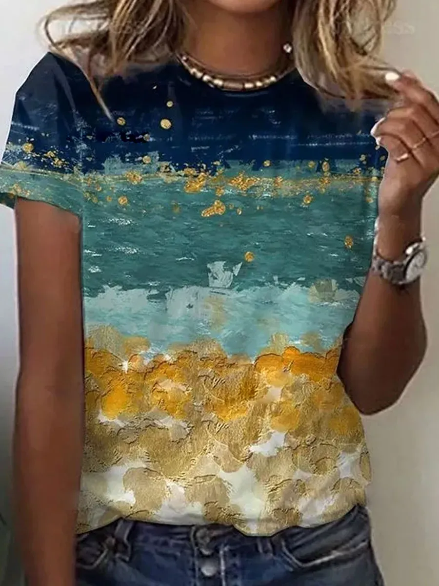 Round Neck Print Gradient Loose Short-sleeved T-shirt