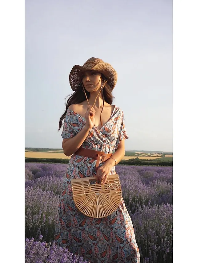 Women's Wrap Dress Maxi long Dress Red Brown Short Sleeve Floral Print Split Ruffle Boho Dress Spring Summer Dress V Neck Elegant Vintage 2023 S M L XL XXL 3XL