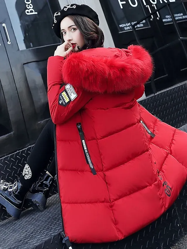 Women's Puffer Jacket Long with Pockets Slim Fit Fur Collar Coat powder Bean Green White Black Gray Classic Style Christmas Winter Zipper Hoodie Regular Fit M L XL XXL XXXL / Daily / Windproof