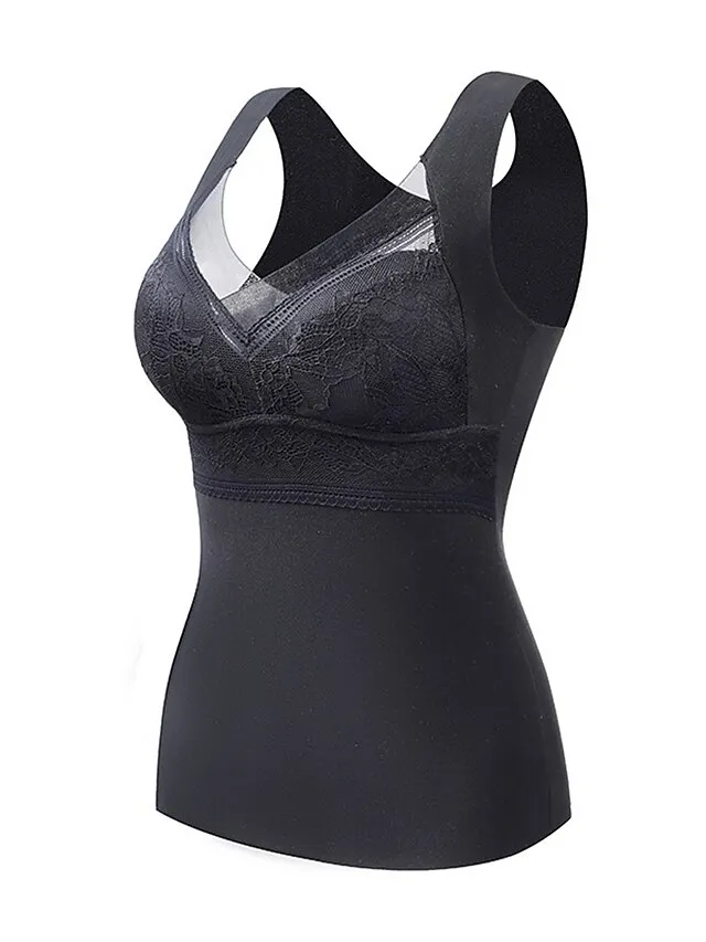 Women‘s Thermal Vest Underwear Built-in Bra Pure Color Warm Fashion Home Street Daily Polyester Warm Breathable Straps Sleeveless Fall Winter Black color