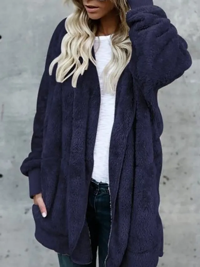 Women's Fleece Jacket Sherpa Jacket Teddy Coat Coat Outdoor Street Daily Fall Winter Long Coat Regular Fit Warm Breathable Casual Jacket Long Sleeve Solid Color Pocket with Pockets Black White Pink