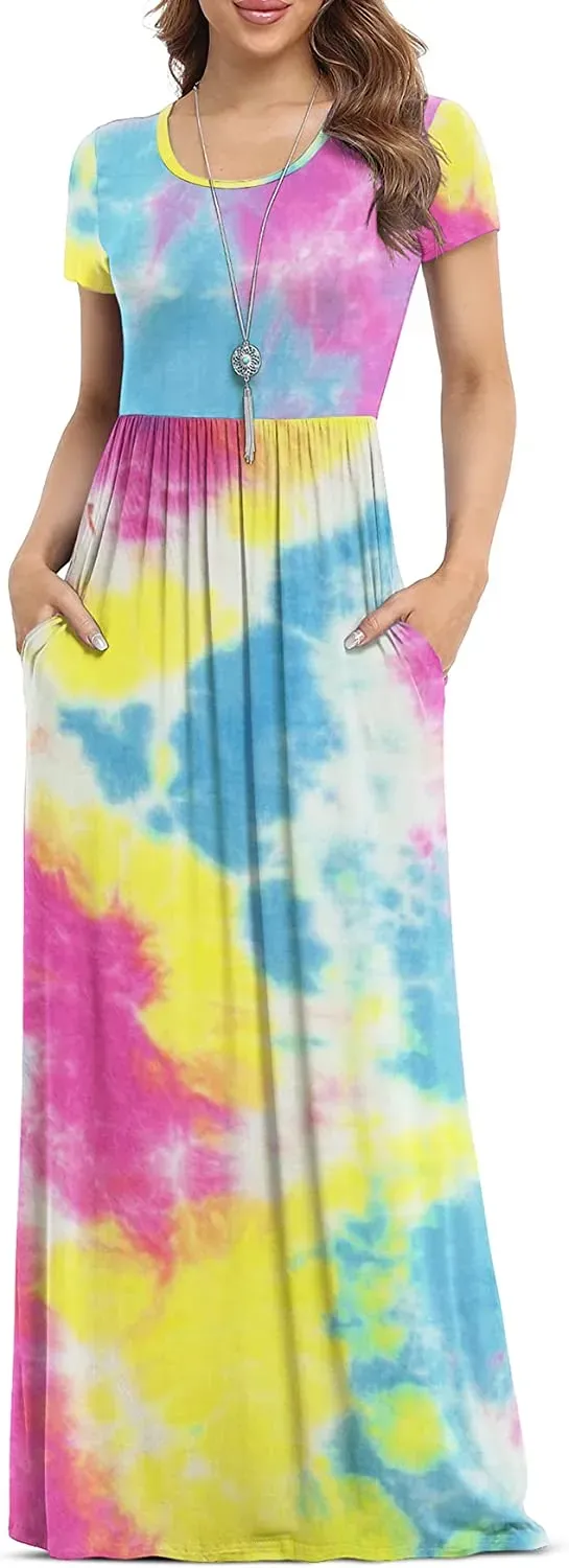 Women's Short Sleeve Loose Plain Maxi Dresses Casual Long Dresses with Pockets