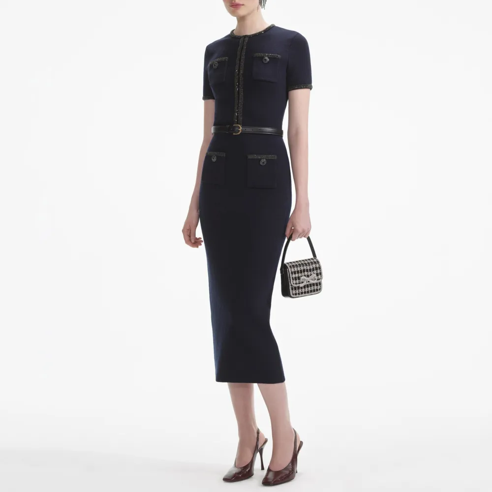 Navy Embellished Knit Midi Skirt