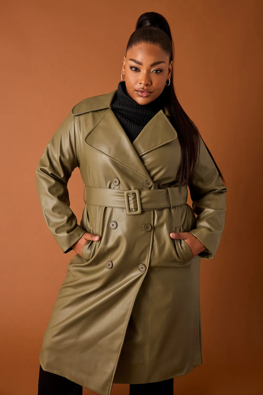 YOURS Curve Olive Green Faux Leather Trench Coat