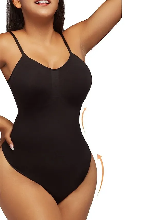 Women's Plus Size Bodysuits Body Shaper Pure Color Fashion Hot Vacation Gyms Nylon Breathable Straps Sleeveless Backless Summer Spring Black long Black briefs