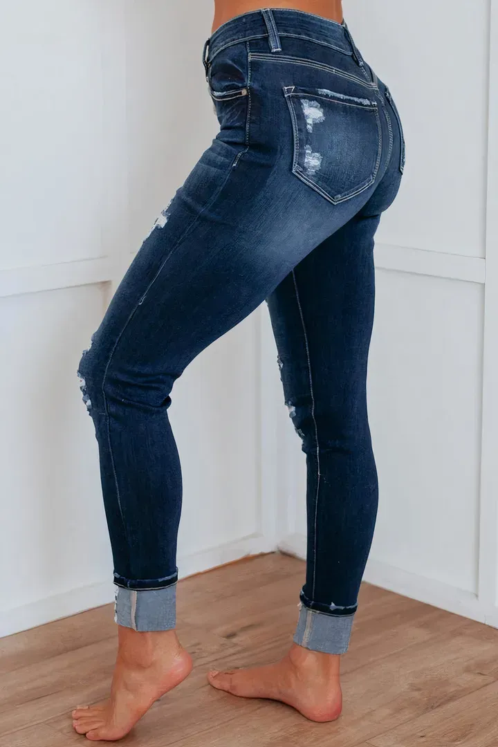 Multi Button Distressed Roll Up Hem Mid Waist Skinny Jeans