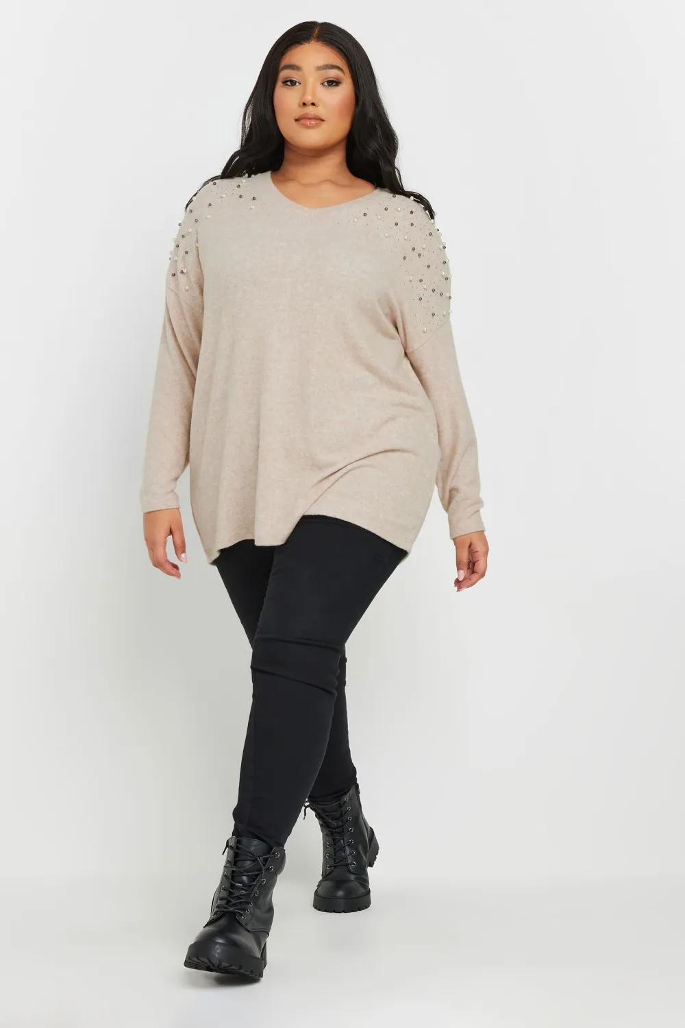 YOURS Curve Natural Brown Pearl Embellished Jumper