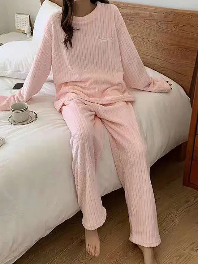 Women's Fleece Fluffy Fuzzy Warm Pajamas Sets Letter Plush Casual Comfort Home Daily Bed Coral Fleece Coral Velvet Warm Crew Neck Long Sleeve Pullover Pant Elastic Waist Fall Winter Light Pink White