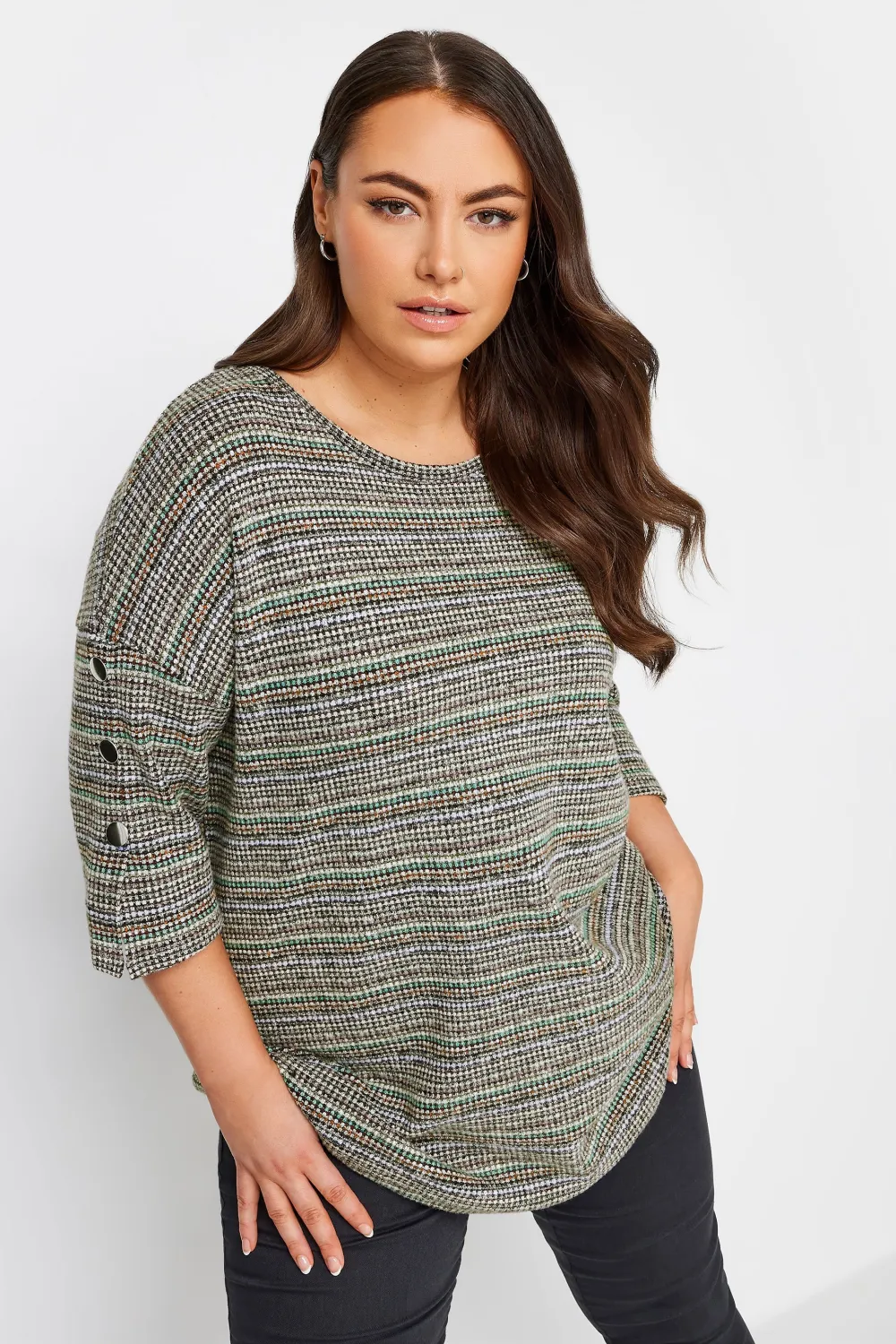 YOURS Curve Grey Knit Button Sleeve Soft Touch Jumper