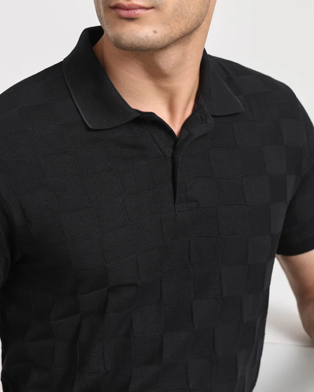 Casual Minimalist Black Plaid Texture Polo Shirt