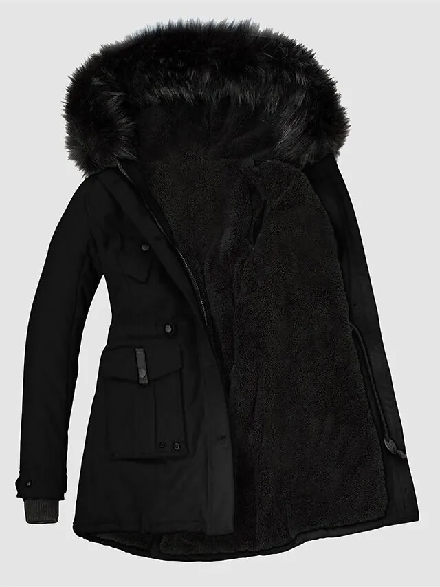 Women's Parka Fleece Lined Puffer Jacket Thicken Winter Coat Windproof Thermal Warm Heated Coat Zipper Drawstring Hoodie Outerwear Long Sleeve