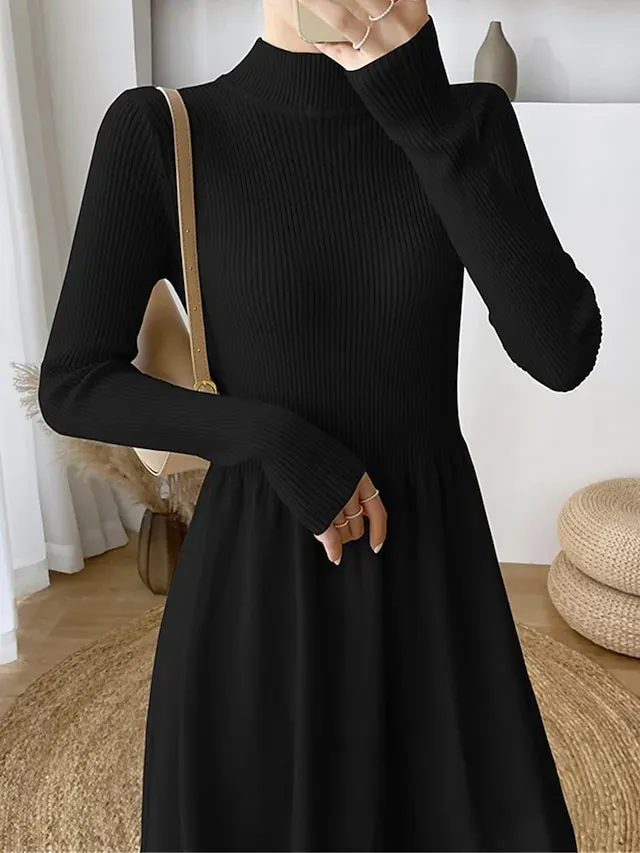 Women's Sweater Dress Knit Dress Jumper Dress Midi Dress Knitwear Elegant Fashion Plain Outdoor Daily Going out Turtleneck Long Sleeve 2023 Loose Fit Black Apricot One Size