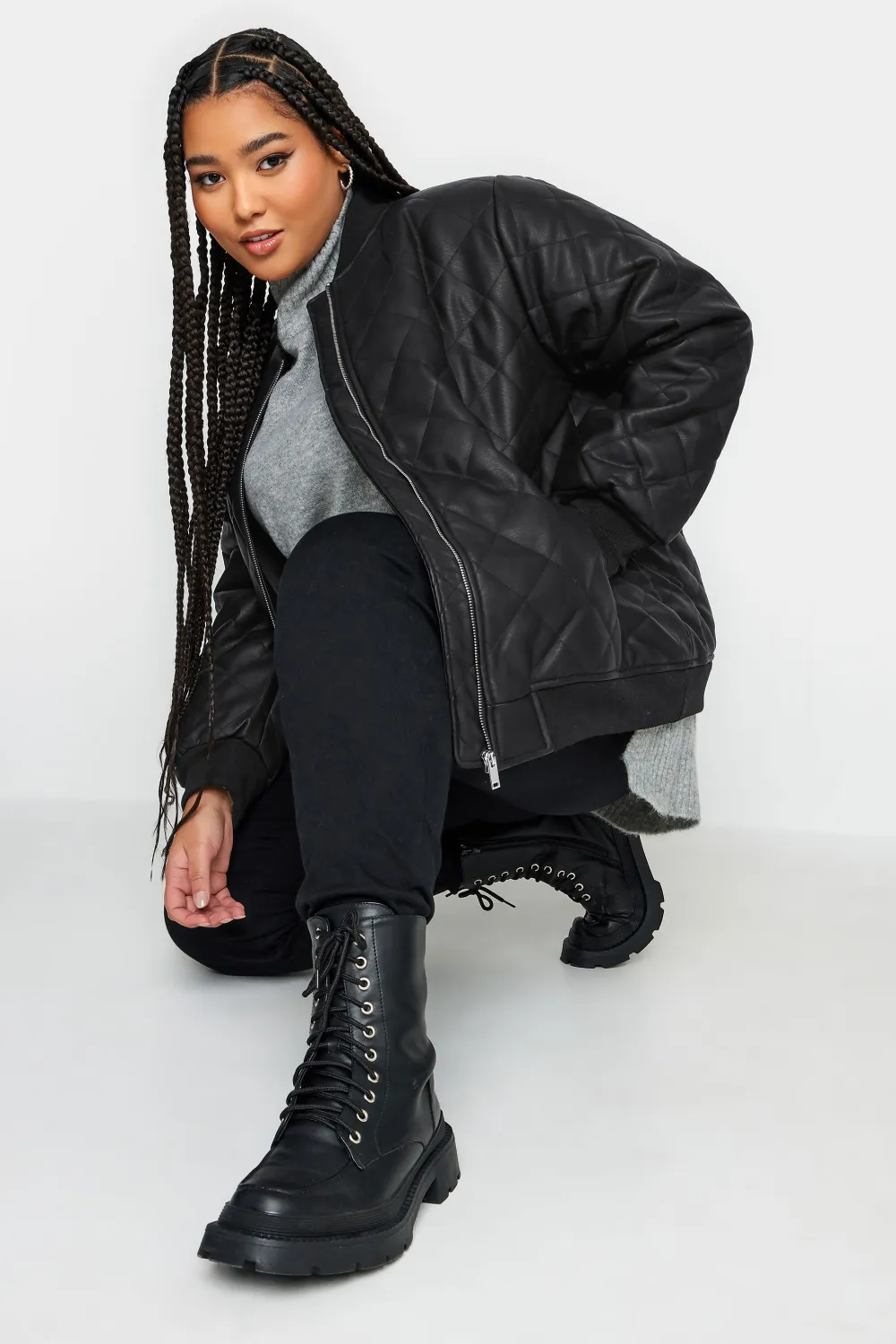 YOURS Curve Black Quilted Faux Leather Bomber Jacket