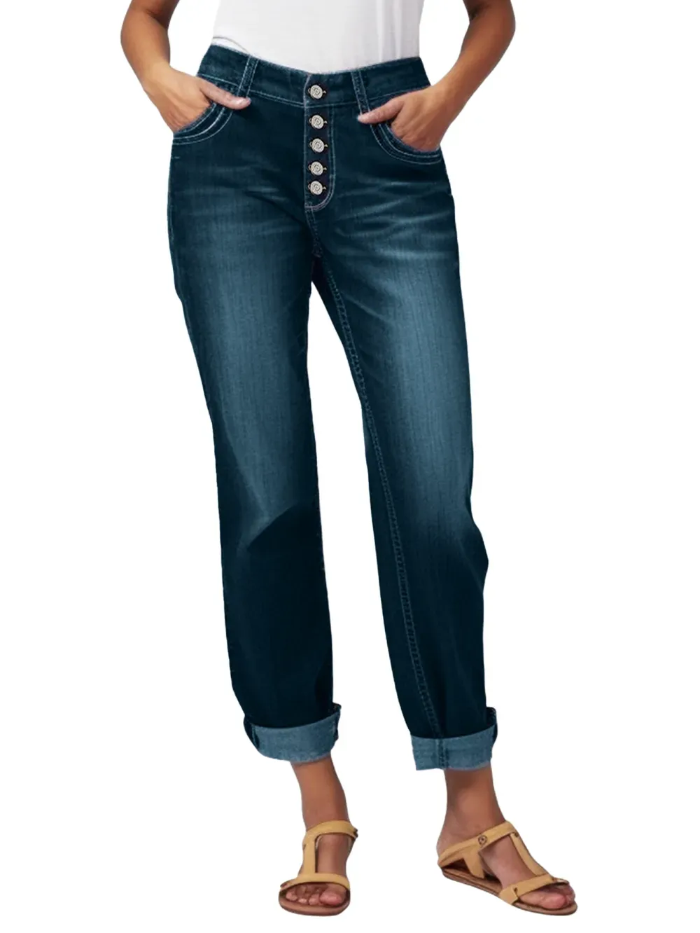 Button Up Roll Hem Low Waist Straight Leg Jeans