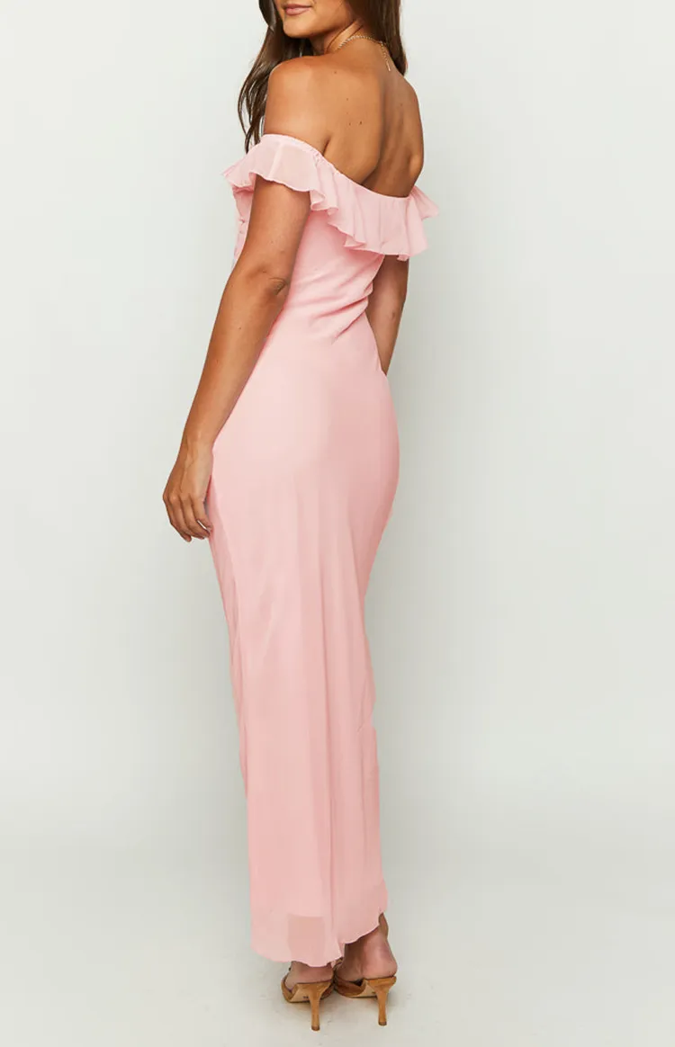 Ruffled Off Shoulder Blush Pink Maxi Dress
