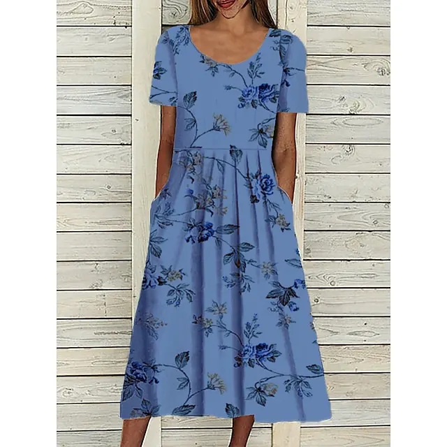 Women's Casual Dress Midi Dress White Blue Green Short Sleeve Floral Ruched Summer Spring Crew Neck Basic Loose Fit 2023 S M L XL XXL 3XL