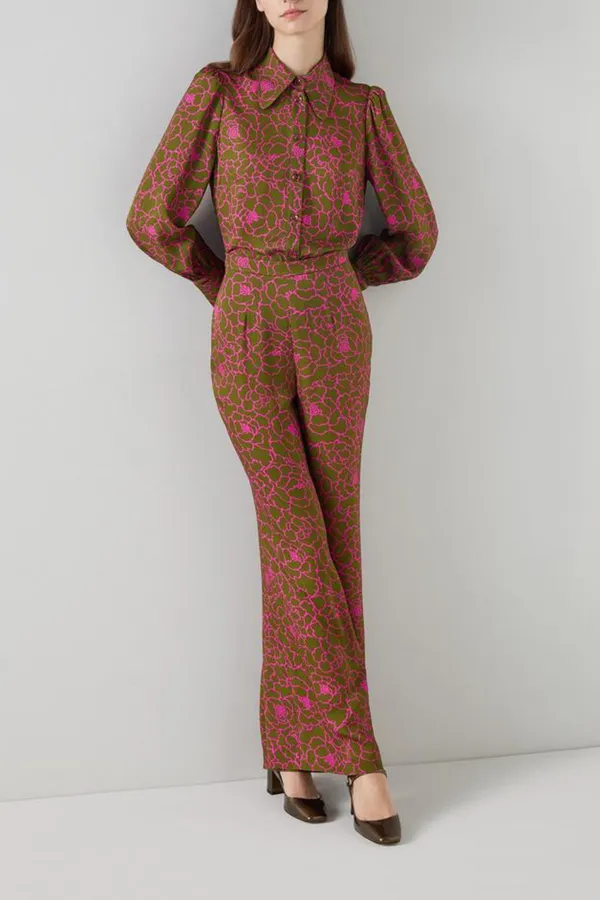 Brown Pink Patterned Flared Trousers
