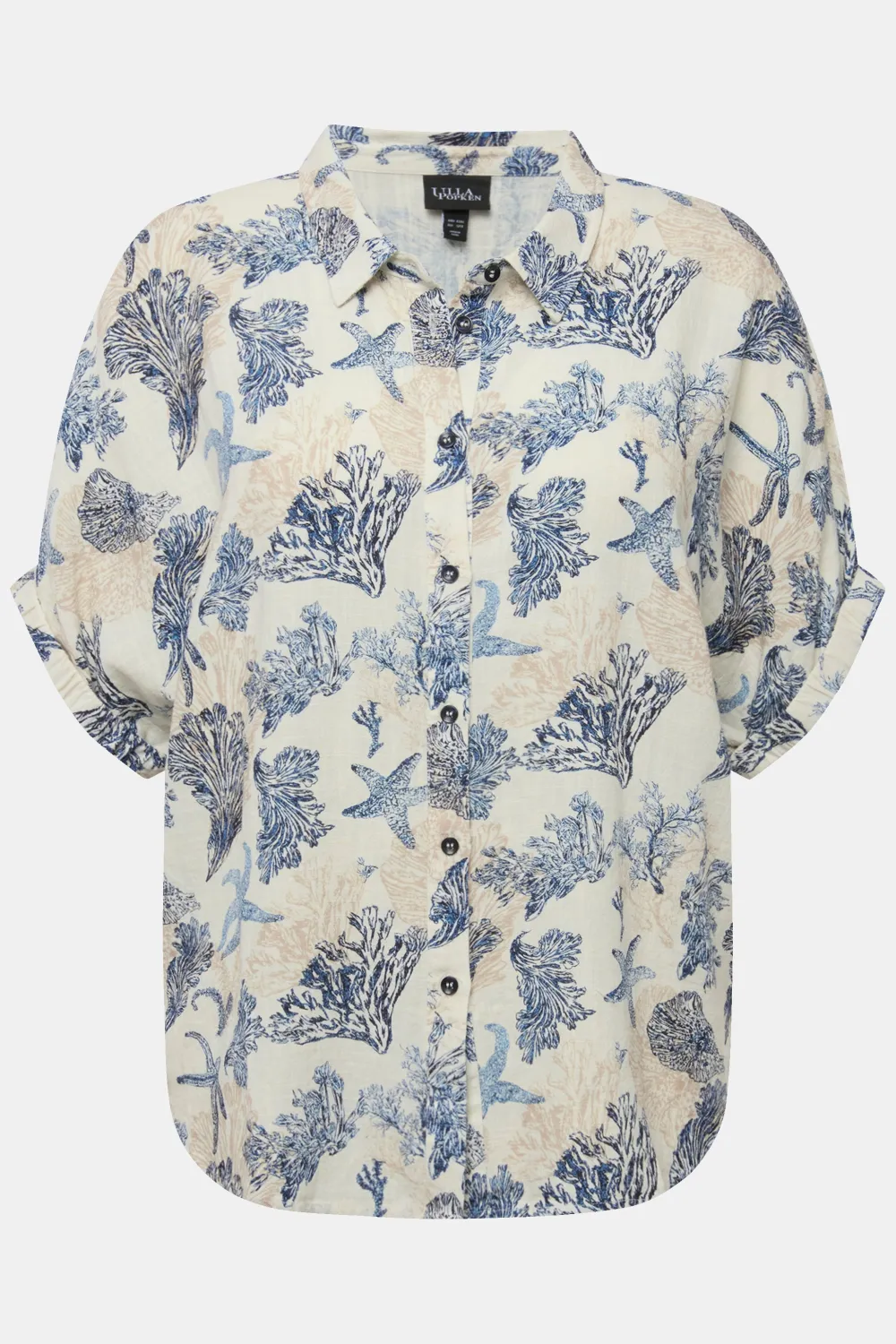 Bluse Leinenmix Muscheldruck Hemdkragen Halbarm