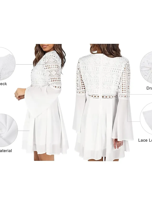 Women‘s Chiffon Dress White Black Long Sleeve Pure Color Tassel Fringe Patchwork Summer Spring V Neck Hot Sexy Fall Dress Slim 2023 S M L XL /Summer Dress