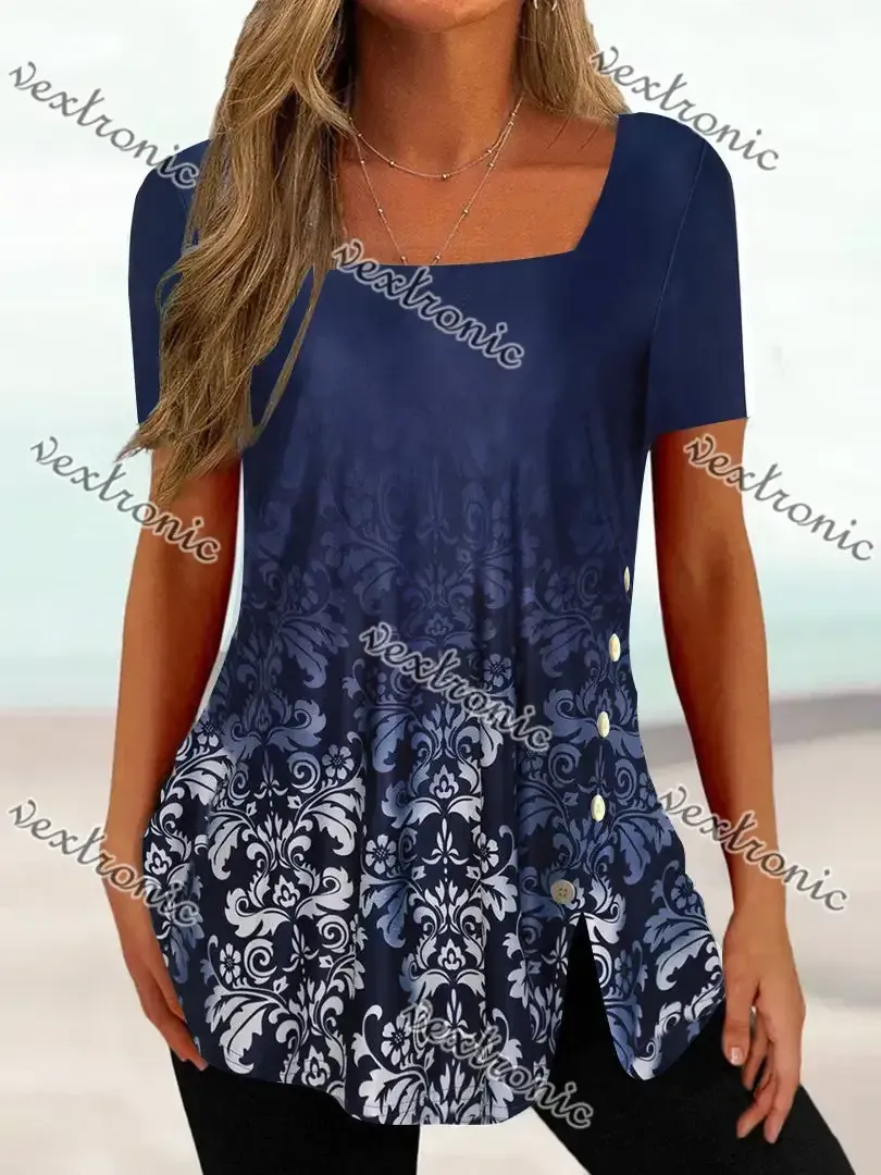 Women's Short Sleeve U-neck Floral Printed Graphic Button Top