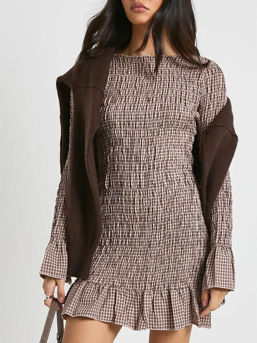 Women's Brown Plaid Ruched Ruffle Dress