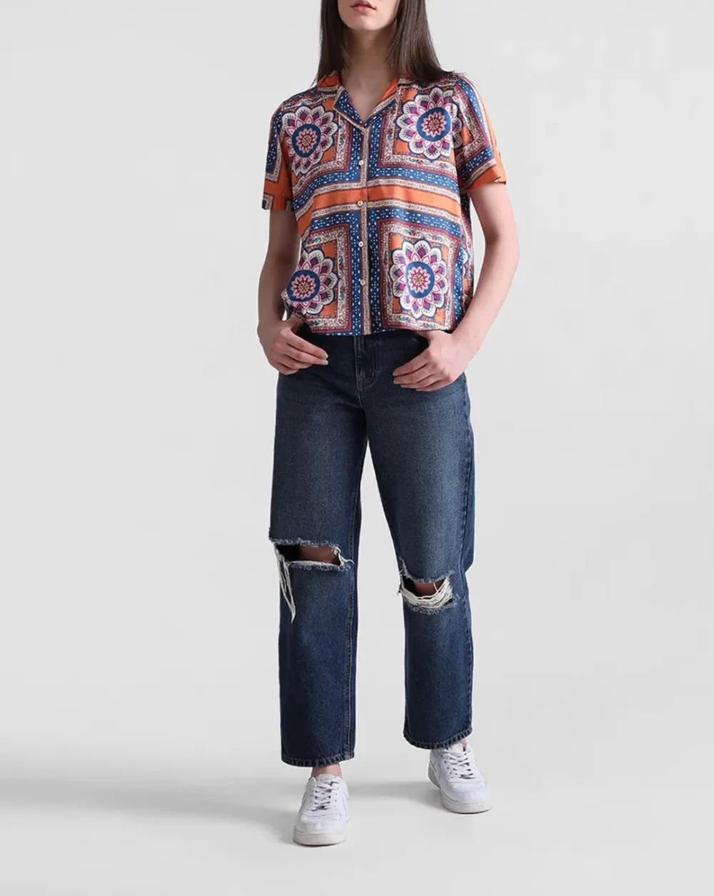Navy Blue Abstract Print Satin Shirt