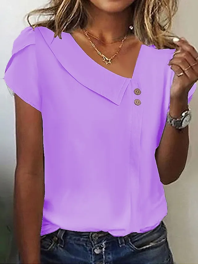 Women's Shirt Blouse White Blue Purple Plain Short Sleeve Casual Vintage Fashion Basic V Neck Regular Fit