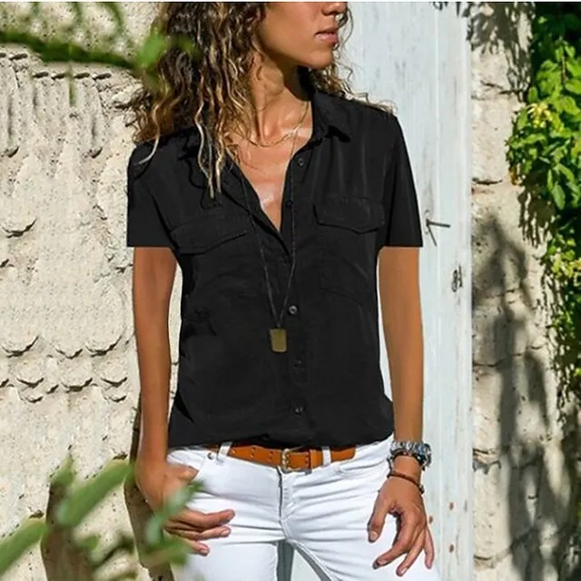 Women's Blouse Pocket Solid Colored Daily Shirt Collar T-shirt Sleeve Light Summer Blue Black Purple Dark Red Pink