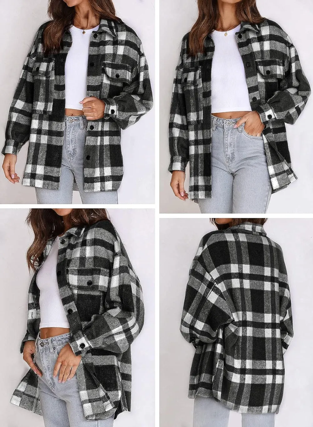 Women's Flannel Plaid Shacket Long Sleeve Button Down Chest Pocketed Shirts Jacket Coats