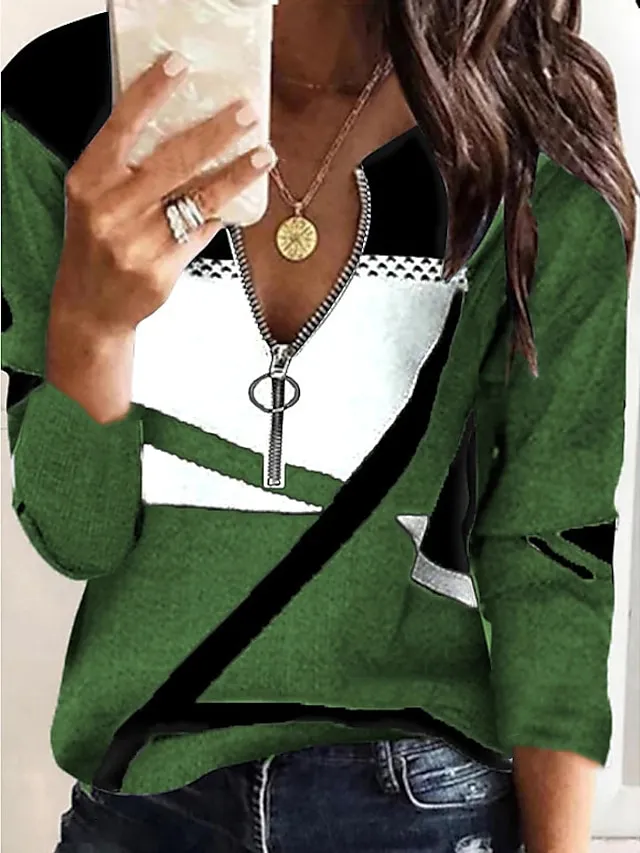 Women's Plus Size Shirt Blouse Graphic Color Block Black Red Fuchsia Quarter Zip Print Long Sleeve Casual Vintage V Neck Regular Fit Fall & Winter