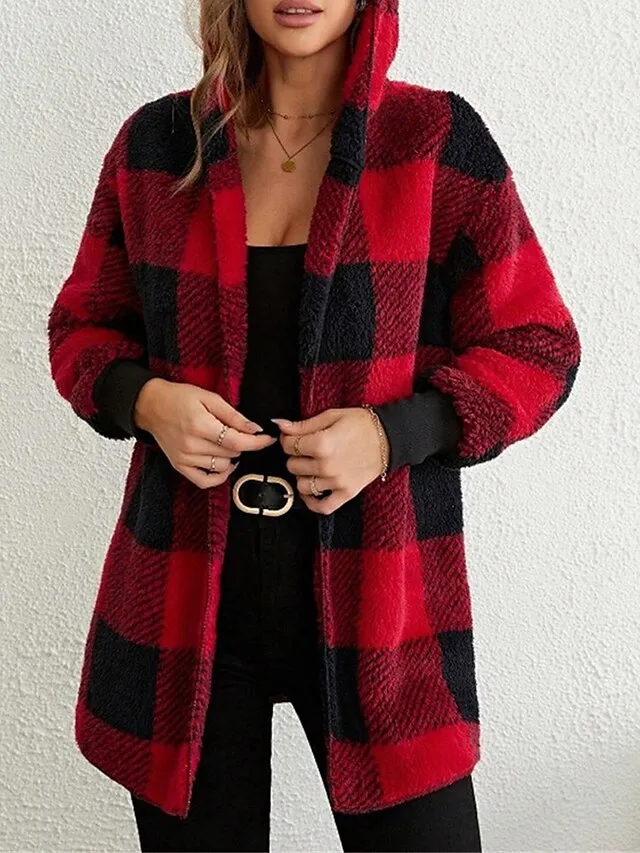 Women's Fleece Jacket Teddy Coat Hoodie Jacket Warm Breathable Street Daily Wear Vacation Going out Pocket Fleece Lined Open Front Hoodie Casual Street Style Stripes and Plaid Regular Fit Outerwear