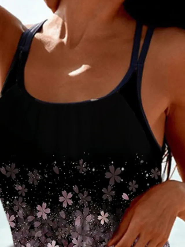 Women's Swimwear Tankini 2 Piece Normal Swimsuit 2 Piece Modest Swimwear Floral Floral Print Black Padded High Neck Bathing Suits Sports Vacation Beach Wear
