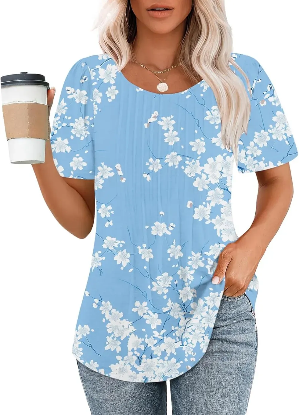 Womens Summer Pleated Front Shirts Tunics Casual Short Sleeved Loose Round Neck Boho Printed Tops Vacation Blouse