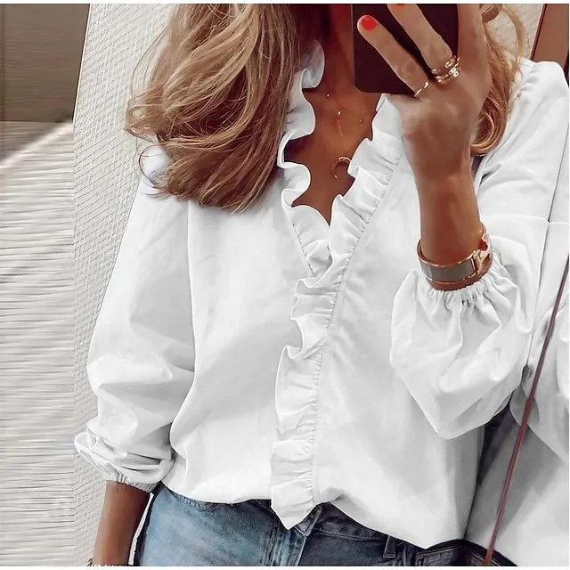 Women‘s Blouse Shirt V Neck Lettuce Trim Plain Modern V Neck Regular Spring &  Fall Green Blue White Orange