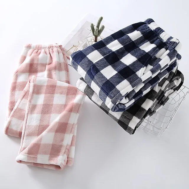 Women's Christmas Pajamas Winter Pants Nighty Pjs Grid / Plaid Fashion Simple Comfort Party Xmas Home Bed Flannel Warm Breathable Long Pant Elastic Waist Winter Fall Blue Pink / Sweet / Gift / Print