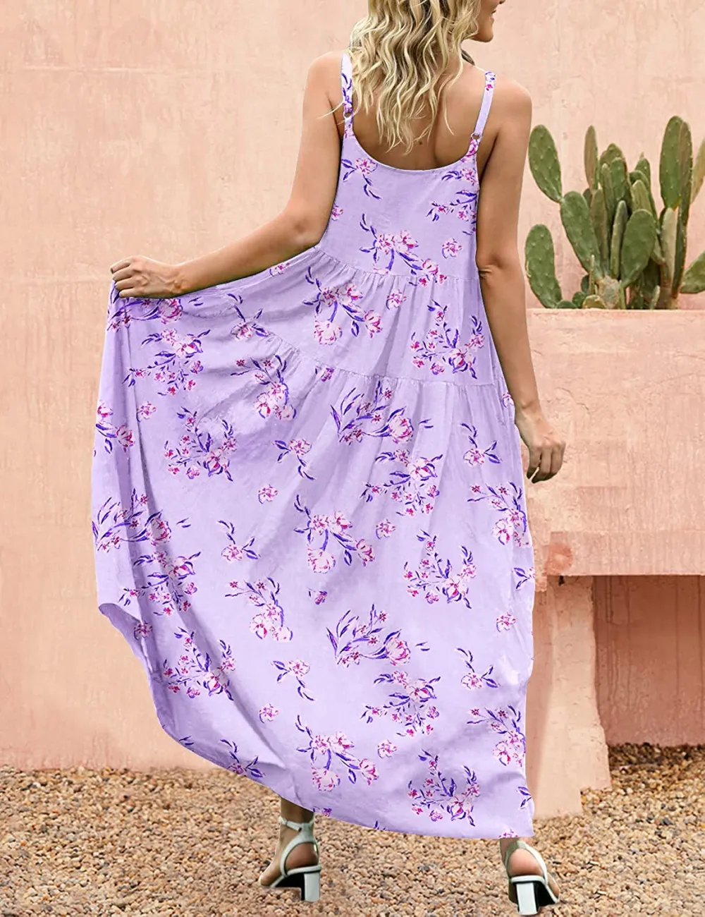 Summer Dresses for Women Casual Loose Bohemian Floral Dress with Pockets Spaghetti Strap Maxi Dress E75