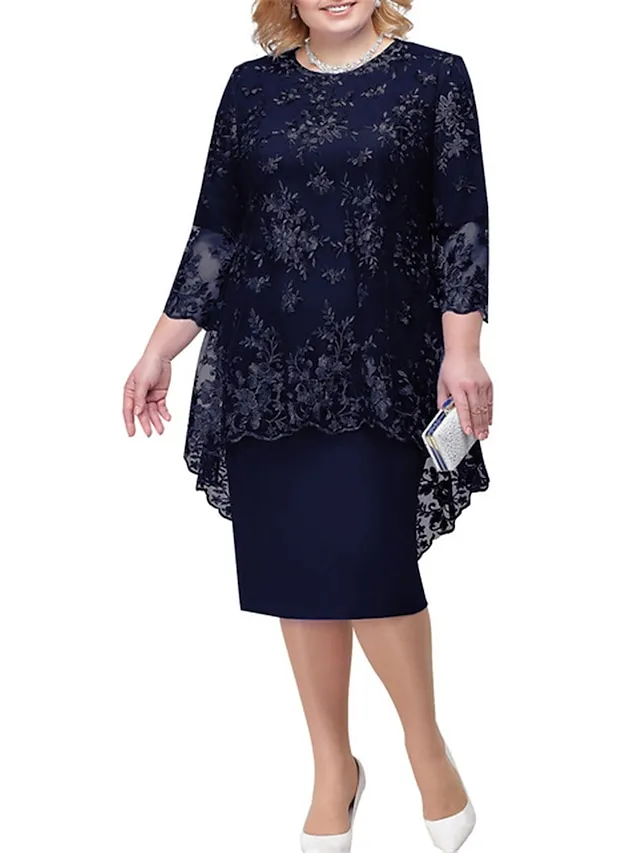Women‘s Plus Size Party Dress Lace Dress Semi Formal Dress Midi Dress Navy Blue Blue Gold 3/4 Length Sleeve Floral Lace Summer Spring Fall Crew Neck Elegant Party Wedding Guest Dress