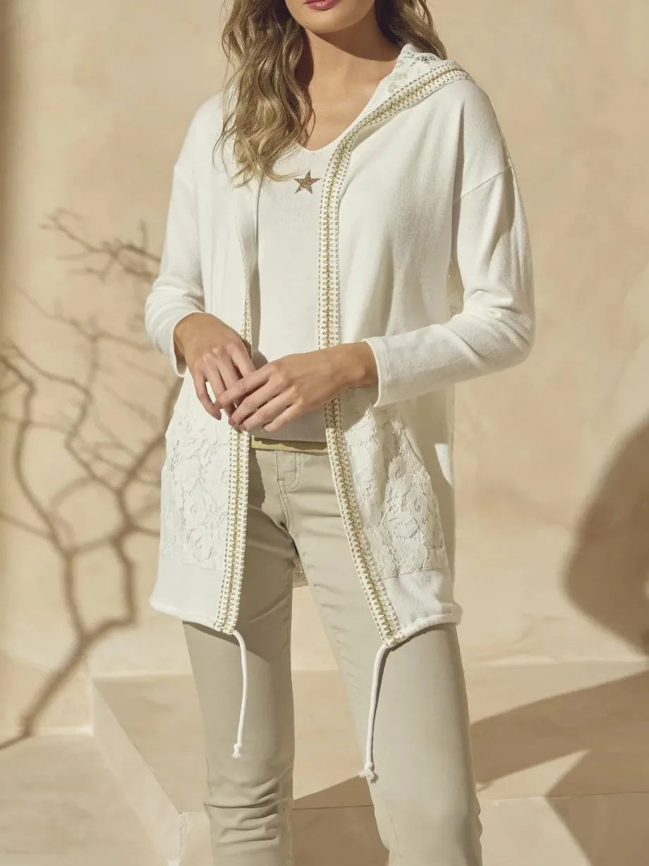 Embroidered White Hooded Cardigan