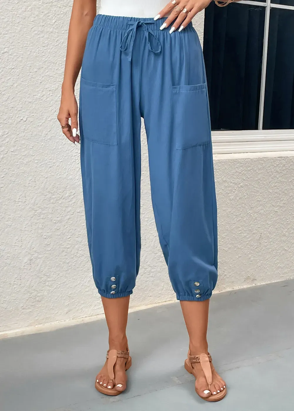 Blue Pocket Elastic Waist High Waisted Jogger Pants
