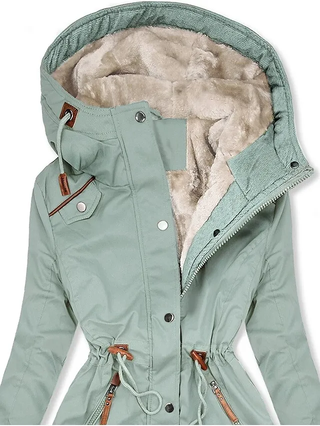 Women's Winter Coat Winter Jacket Parka Windproof Warm Street Casual Daily Casual Daily Zipper Button Zipper Hoodie Casual Street Style Plain Regular Fit Outerwear Long Sleeve Fall Winter Black Green