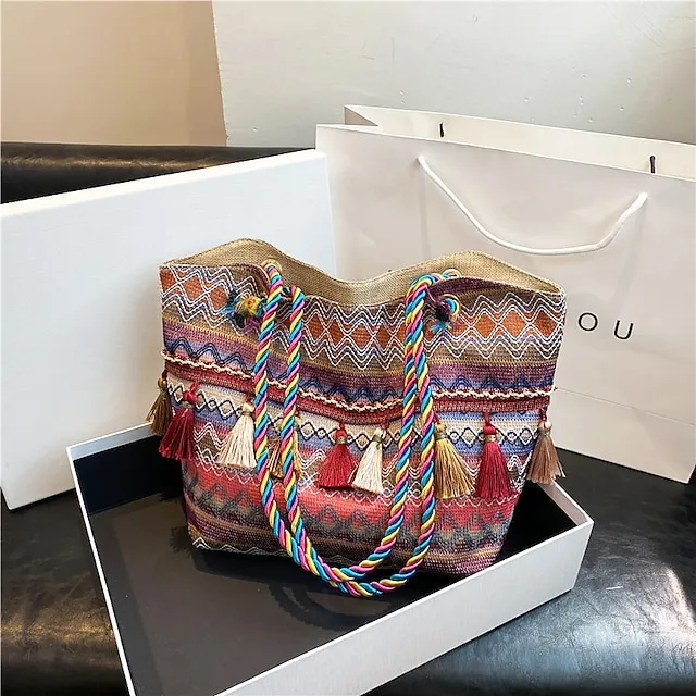 Women's Tote Shoulder Bag Hobo Bag Straw Bag Polyester Holiday Beach Tassel Zipper Large Capacity Breathable Lightweight Color Block Patchwork Folk Red Blue Orange