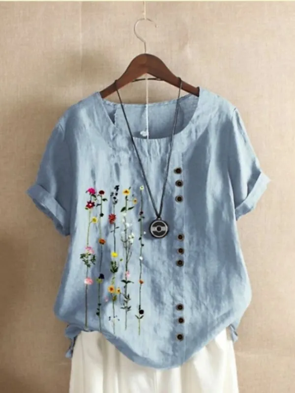 Women's Shirt Linen Shirt Blouse Cotton Graphic Floral White Blue Green Short Sleeve Daily Casual Crew Neck Regular Fit Summer Spring Fall