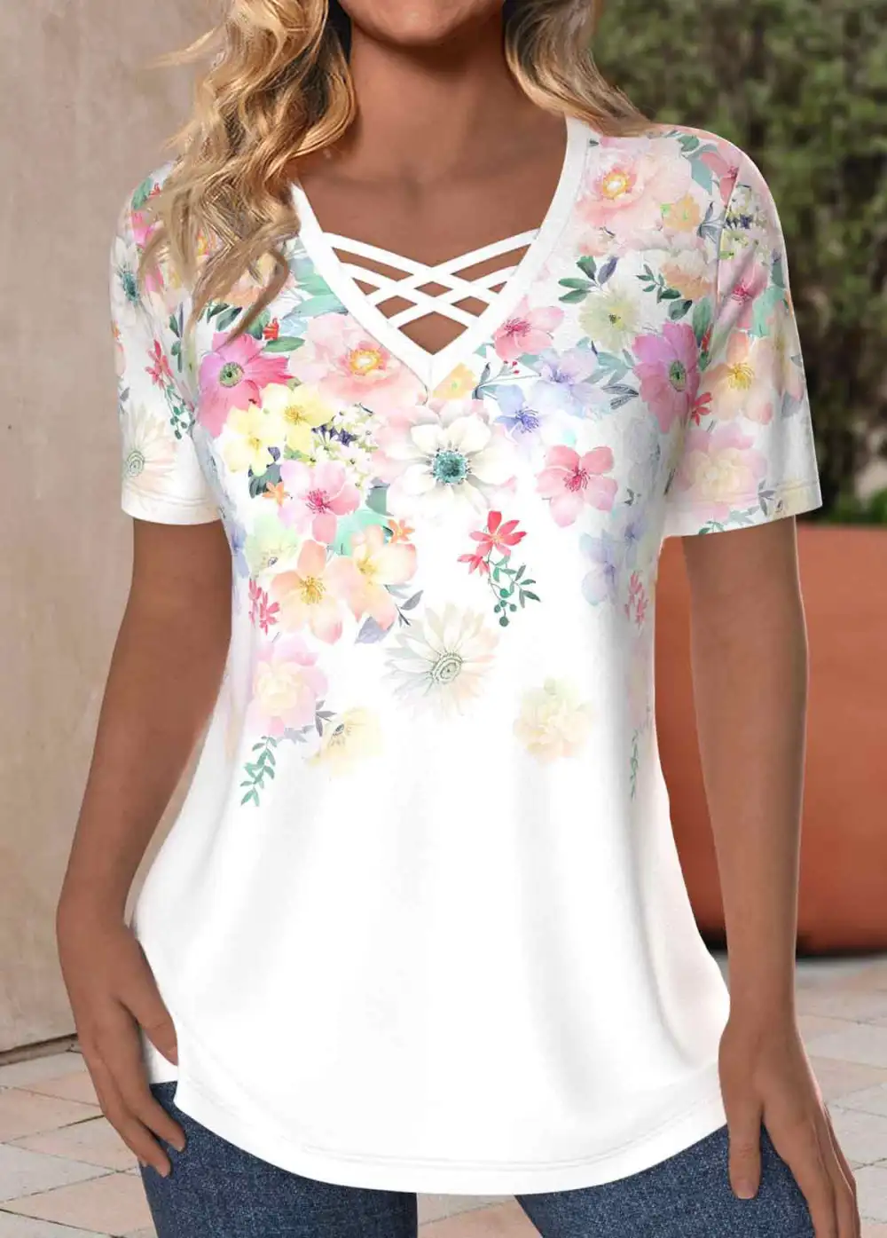 White Criss Cross Floral Print Short Sleeve T Shirt