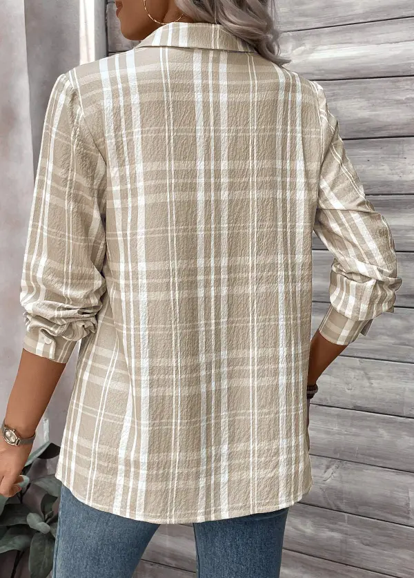 Light Coffee Button Plaid Long Sleeve Shirt Collar Blouse