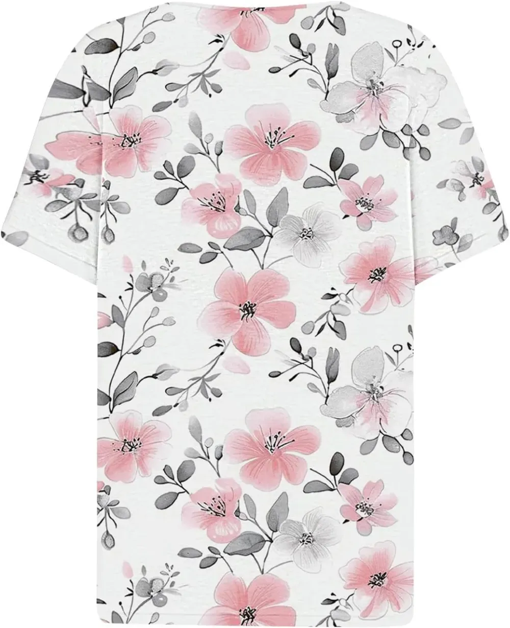 Shirts for Women Casual Printed Summer Tops Short-Sleeved Button V-Neck Tops Blouse Fashion Boho T-Shirts