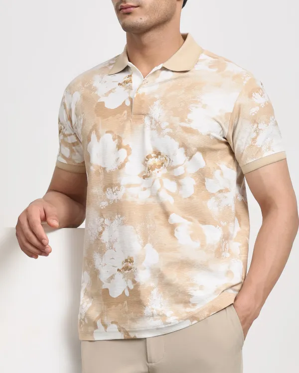Casual Minimalist British Style Beige Floral Polo Shirt
