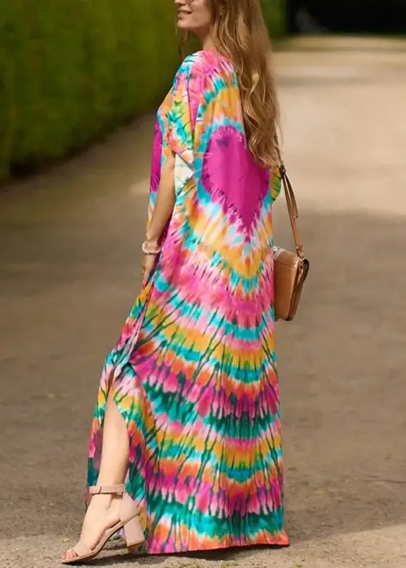 Vintage Pink Print Side Open Maxi Holiday Dress Short Sleeve