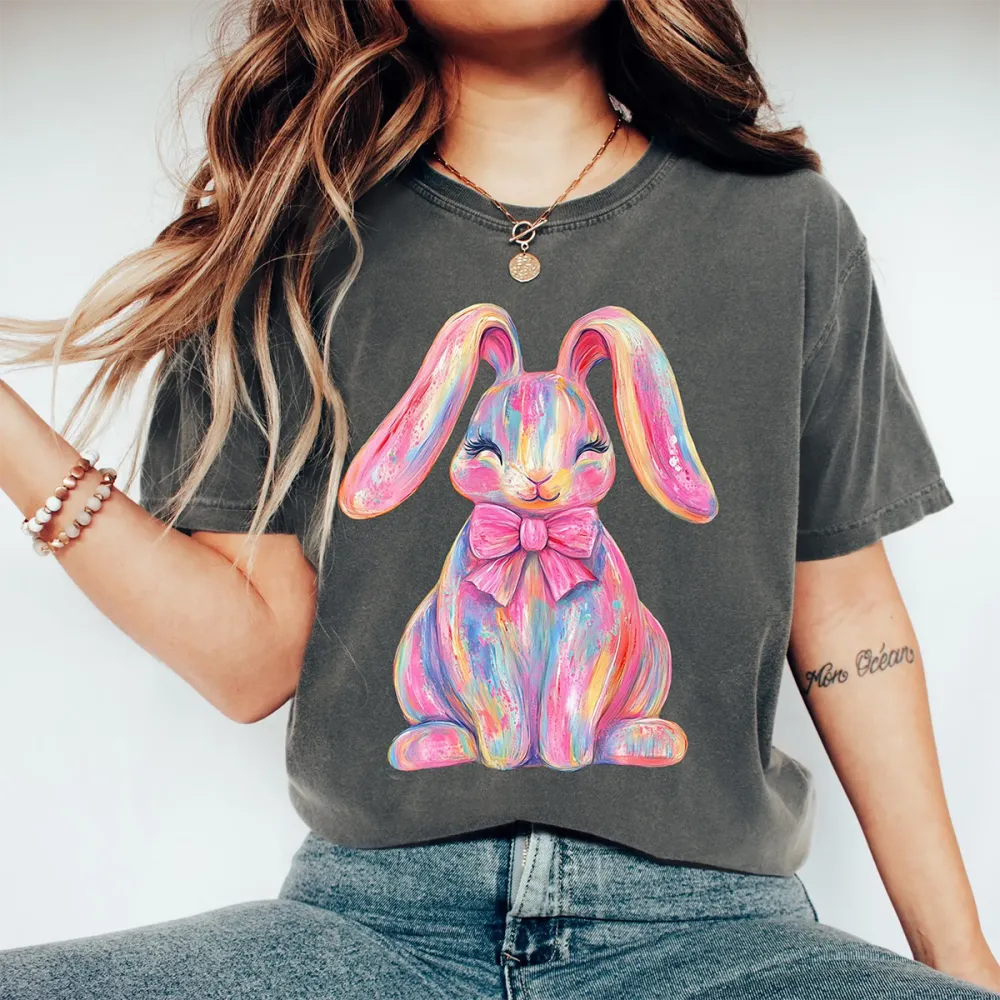 Easter Colorful Bunny Printed Round Neck Short Sleeve T-Shirt